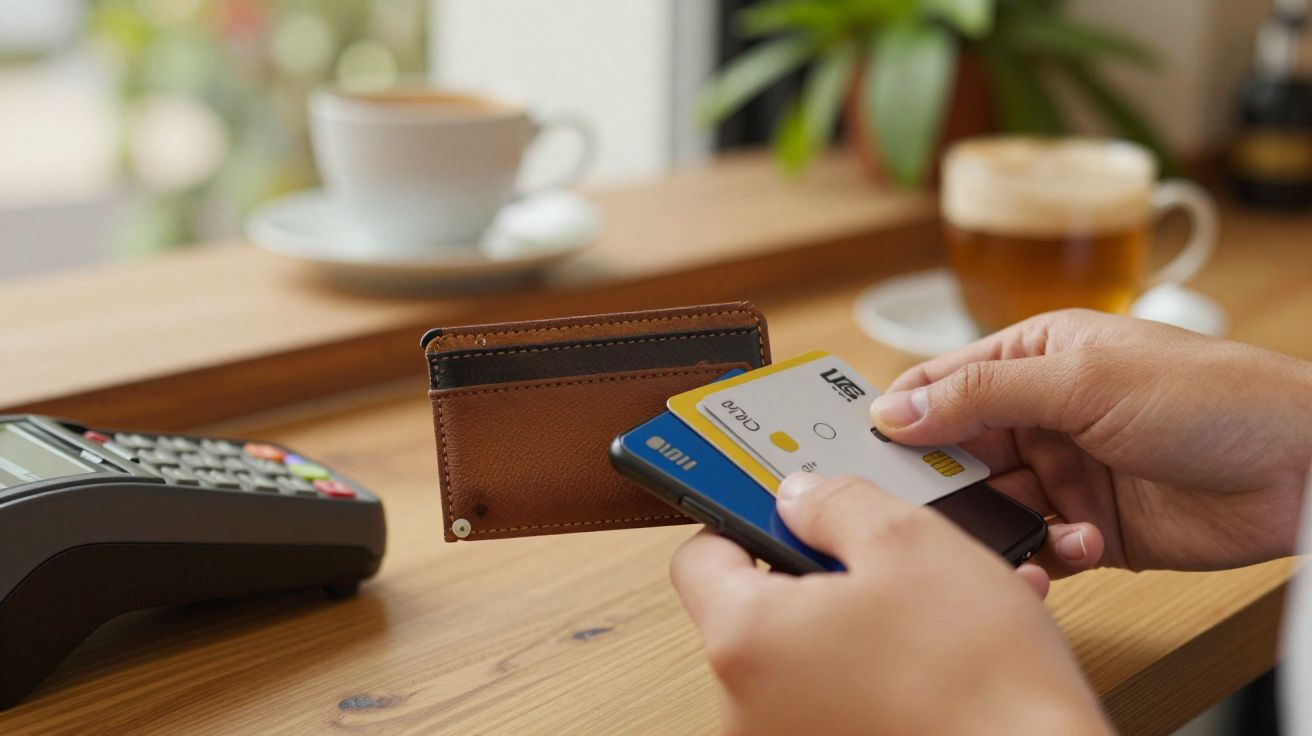 Pessoa segura cartão de crédito prestes a efetuar pagamento em terminal, com café ao fundo.