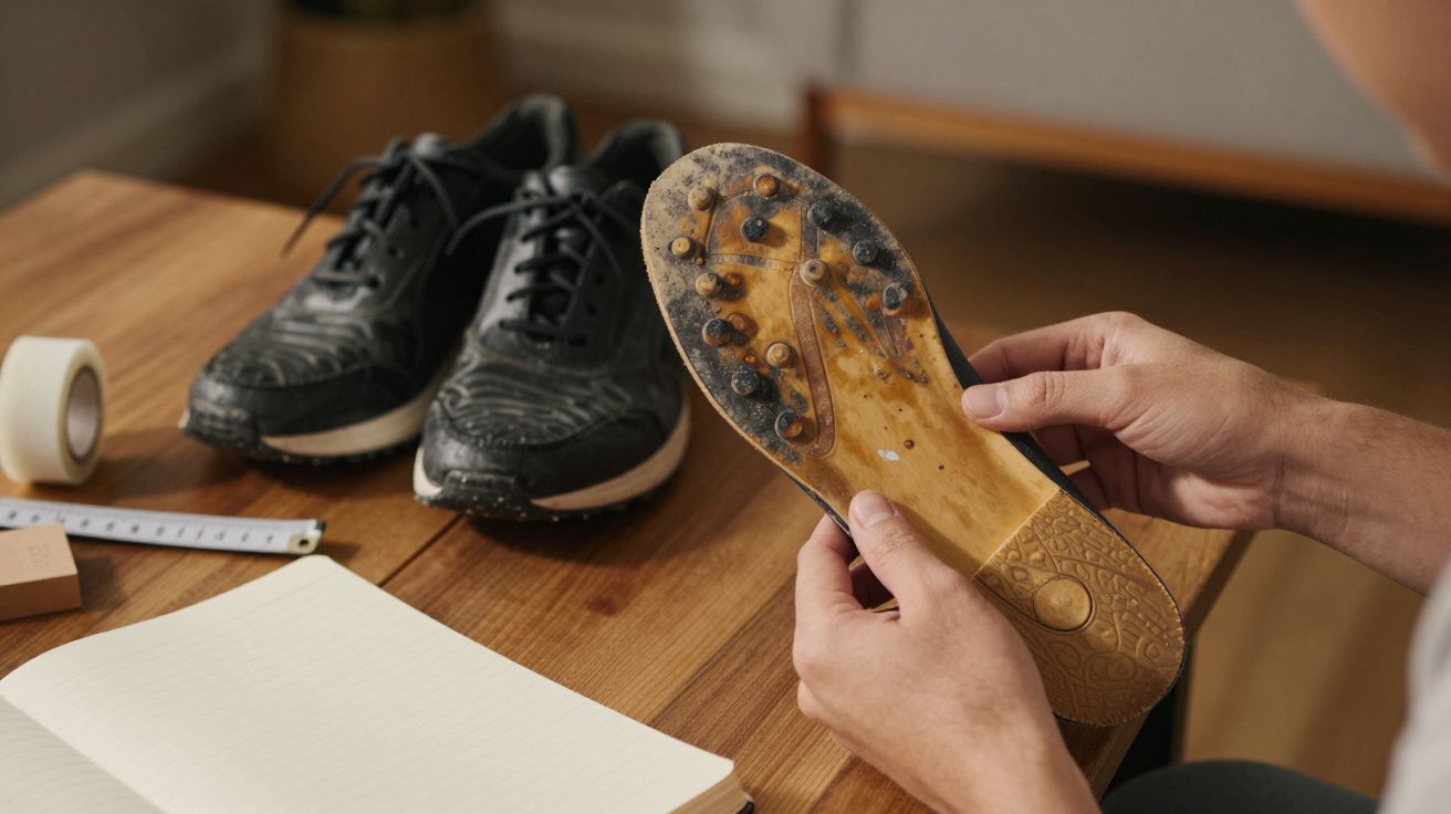 Pessoa segura sapatilha com pitões, outra sapatilha semelhante e objetos diversos em cima de uma mesa de madeira.