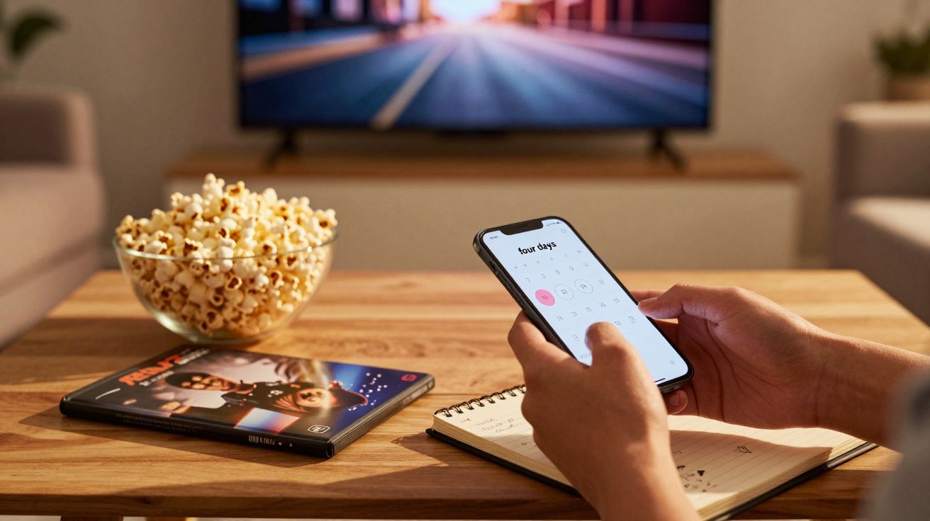 Pessoa mexe no smartphone, com pipocas numa tigela e um caderno ao lado, enquanto um filme parece estar na televisão ao fundo