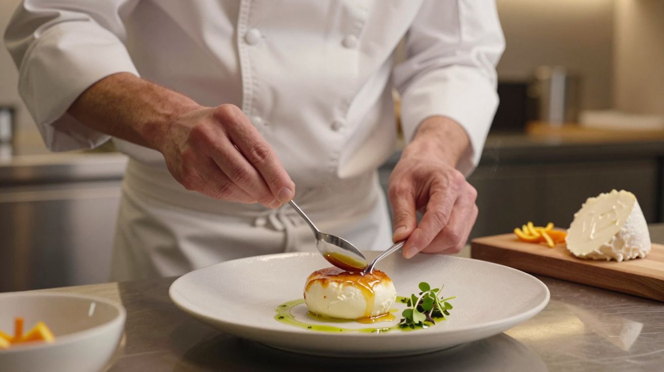 Chef de uniforme branco a decorar prato com molho num restaurante elegante.