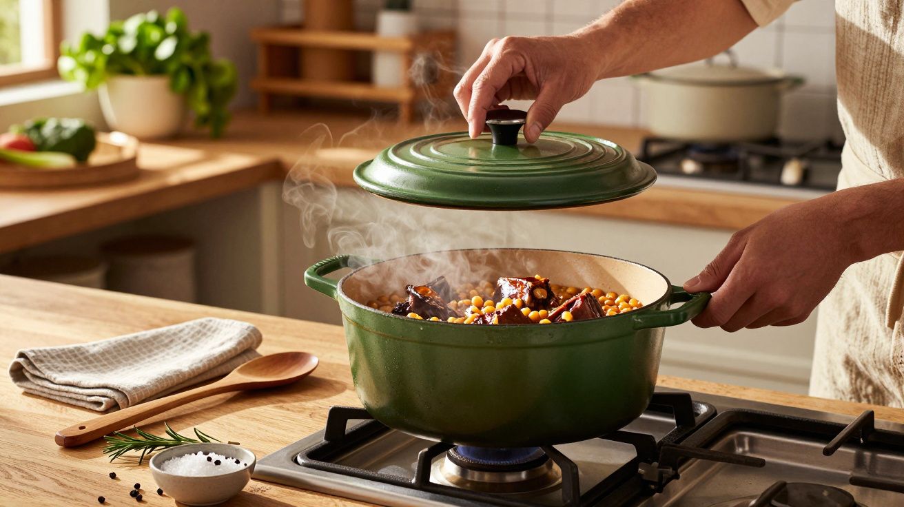 Pessoa levanta tampa de panela verde no fogão, revelando um guisado fumegante com vegetais e grãos.