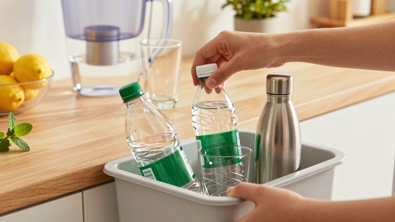 Mãos reciclam garrafas de plástico e metal em caixa na bancada da cozinha com limões ao fundo.