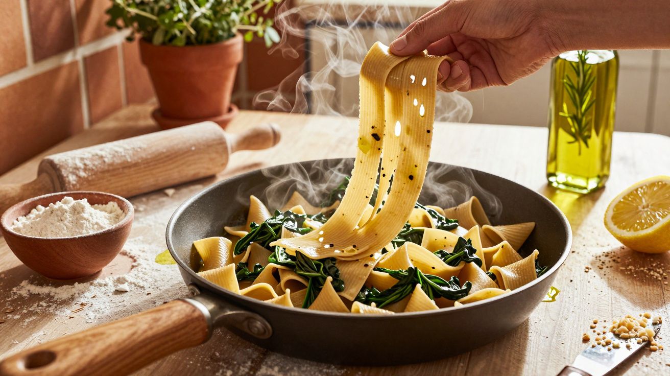Massa e espinafres a ferver numa frigideira, com uma mão levantando um pedaço de massa cozida em cozinha rústica.