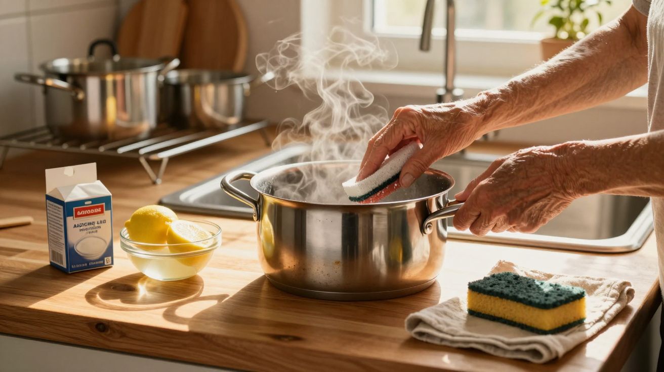 Pessoa a limpar panela a vapor numa cozinha solarenga, com esponja, limão e bicarbonato de sódio ao lado.