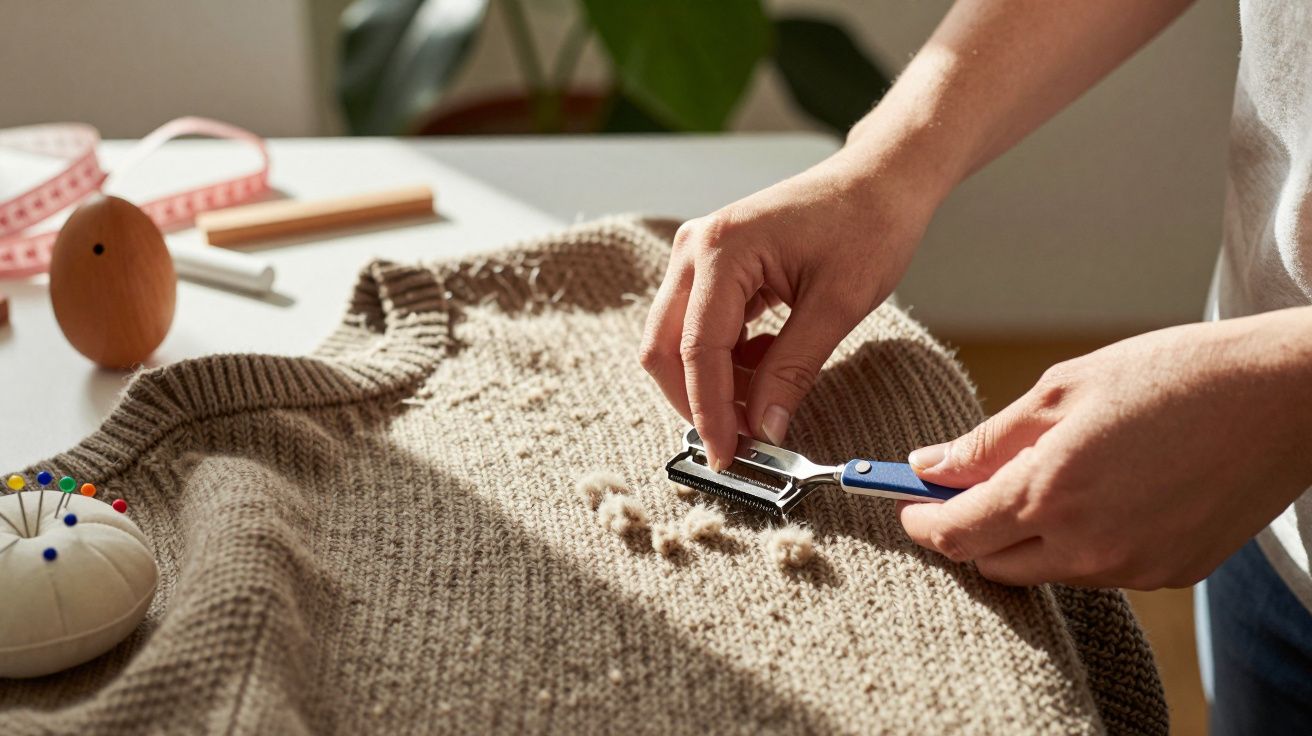 Pessoa a remover borbotos de uma camisola de malha castanha com máquina de barbear. Pin cushion ao lado.