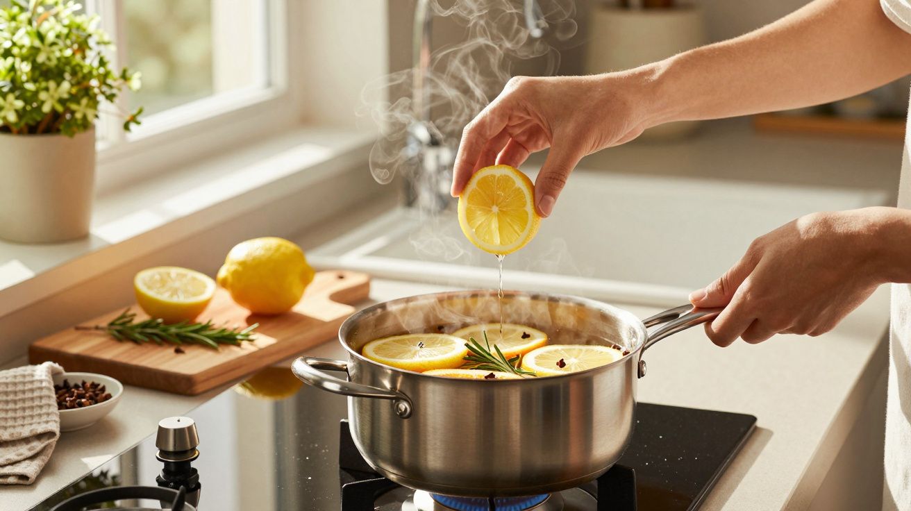 Pessoa cozinha limões e alecrim em panela sobre fogão, com vapor a subir.
