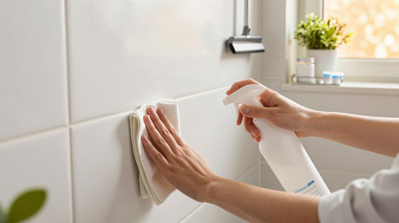 Pessoa a limpar azulejos brancos com spray e pano perto de uma janela com planta.