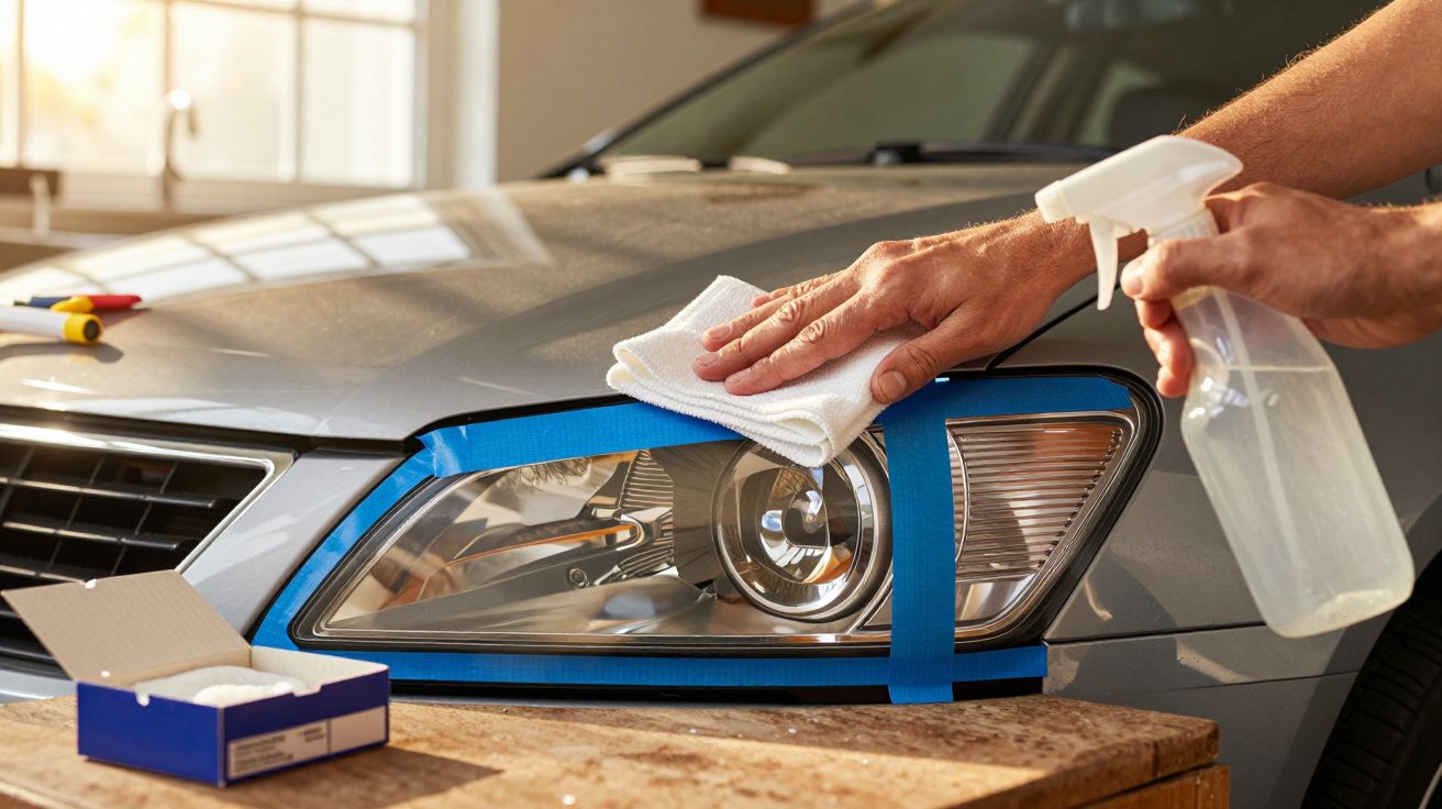 Mão limpando farol de carro prateado com pano e spray, fita adesiva azul protege bordas. Caixa aberta à esquerda.