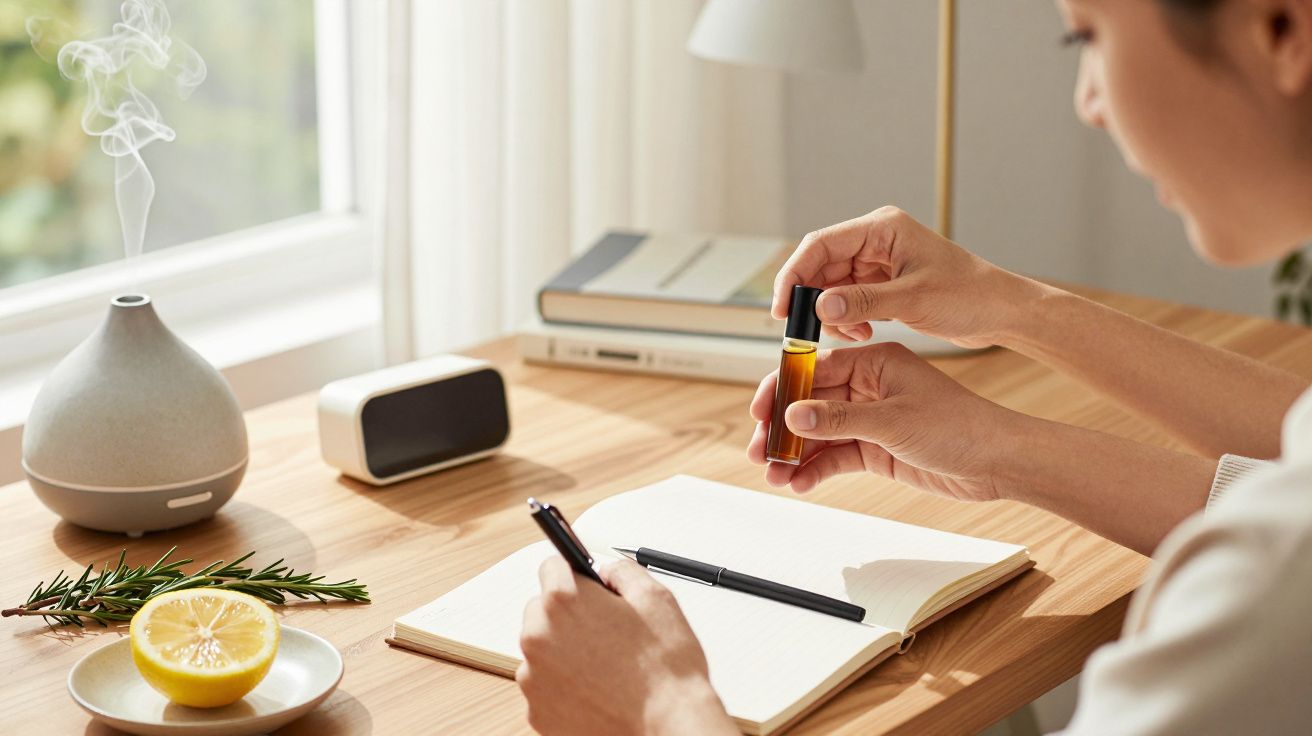 Pessoa segura frasco de óleo essencial, sentado à mesa com bloco de notas, difusor de aromas e meia-laranja.