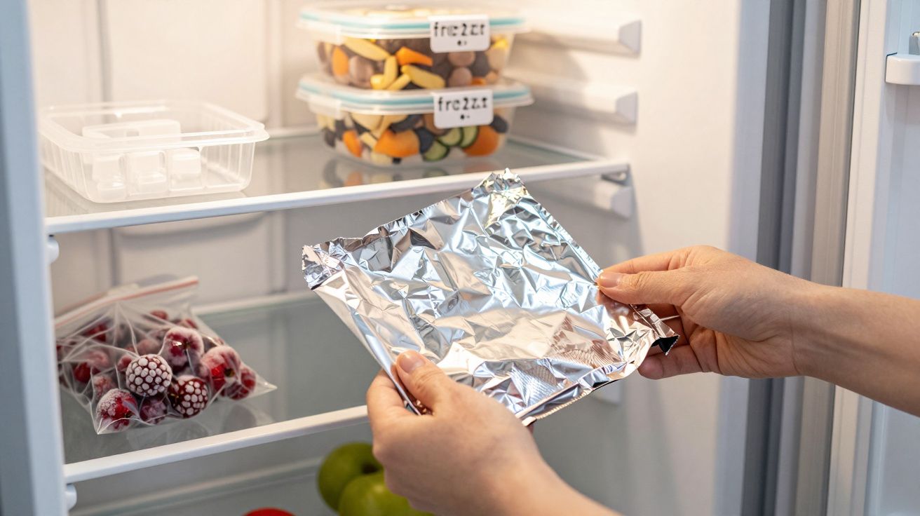 Mãos segurando papel de alumínio, com comida armazenada no frigorífico, incluindo frutas congeladas e recipientes.