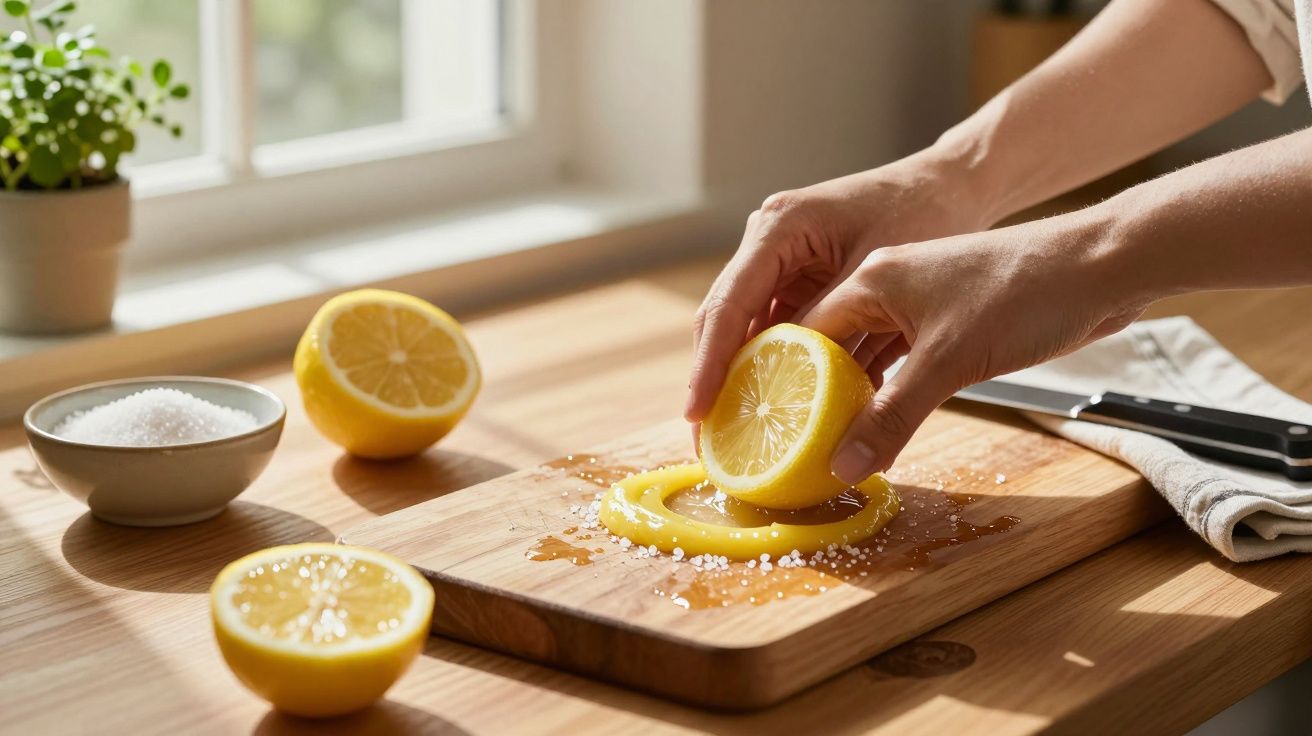 Mãos espremendo limão sobre tábua de madeira com sal, ao lado de limões cortados e janela iluminada.
