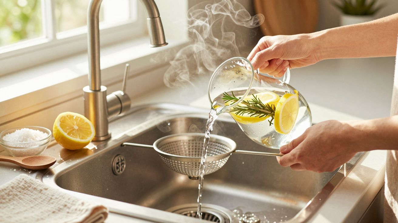 Mãos despejam água quente com limão e alecrim num coador sobre o lava-loiça.