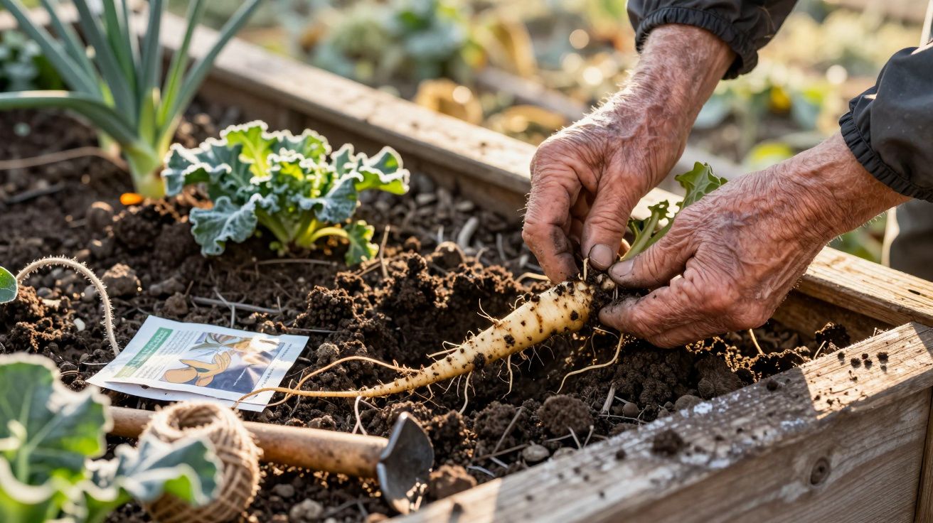 Idoso colhe pastinaca em horta elevada, cercado por vegetação e ferramentas de jardinagem.