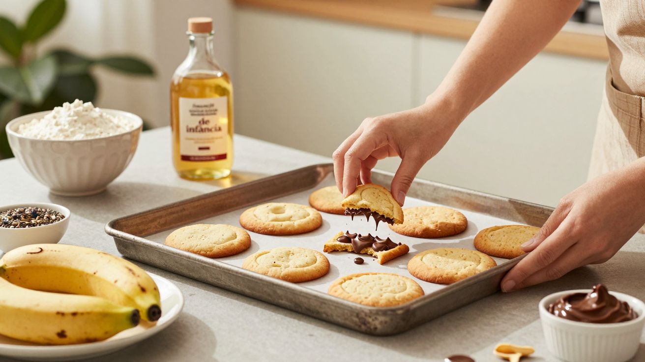 Mão pegando bolacha recheada de chocolate, com ingredientes como bananas e farinha ao fundo na cozinha.