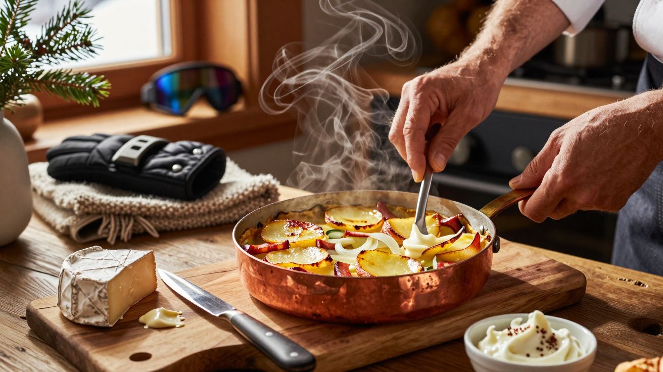 As mãos de um cozinheiro mexem uma frigideira com batatas e queijo derretido numa cozinha aconchegante.