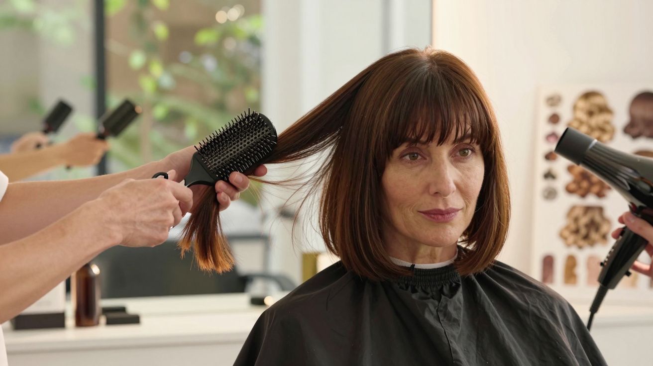 Mulher num salão de cabeleireiro com cabelo castanho, a ser penteado e secado por um profissional.