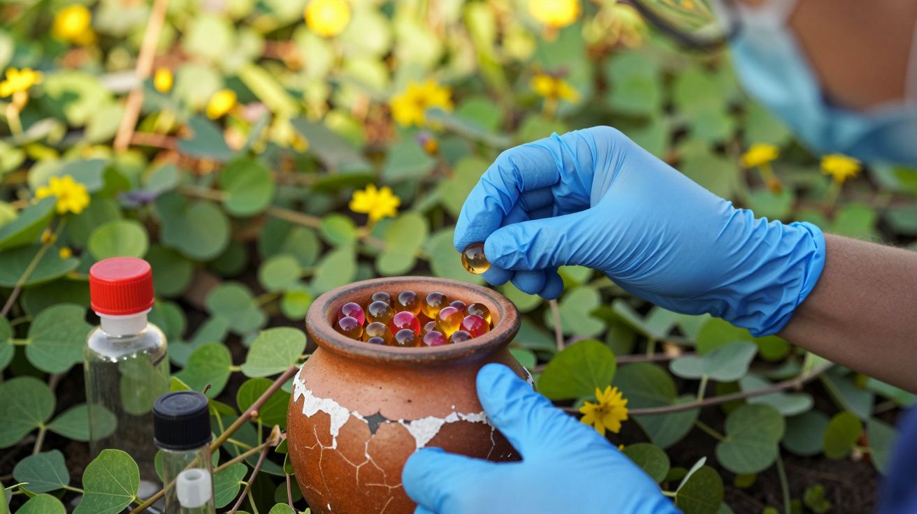 Mãos com luvas azuis manuseando contas coloridas em vaso de cerâmica no meio de plantas com flores amarelas.