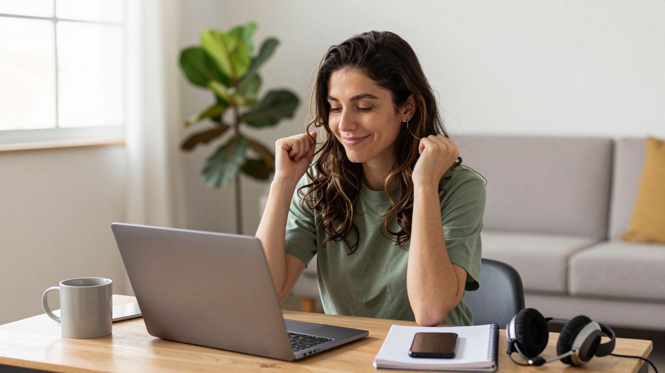 Mulher sorridente a trabalhar no portátil numa sala iluminada, com chávena, auscultadores e caderno na mesa.