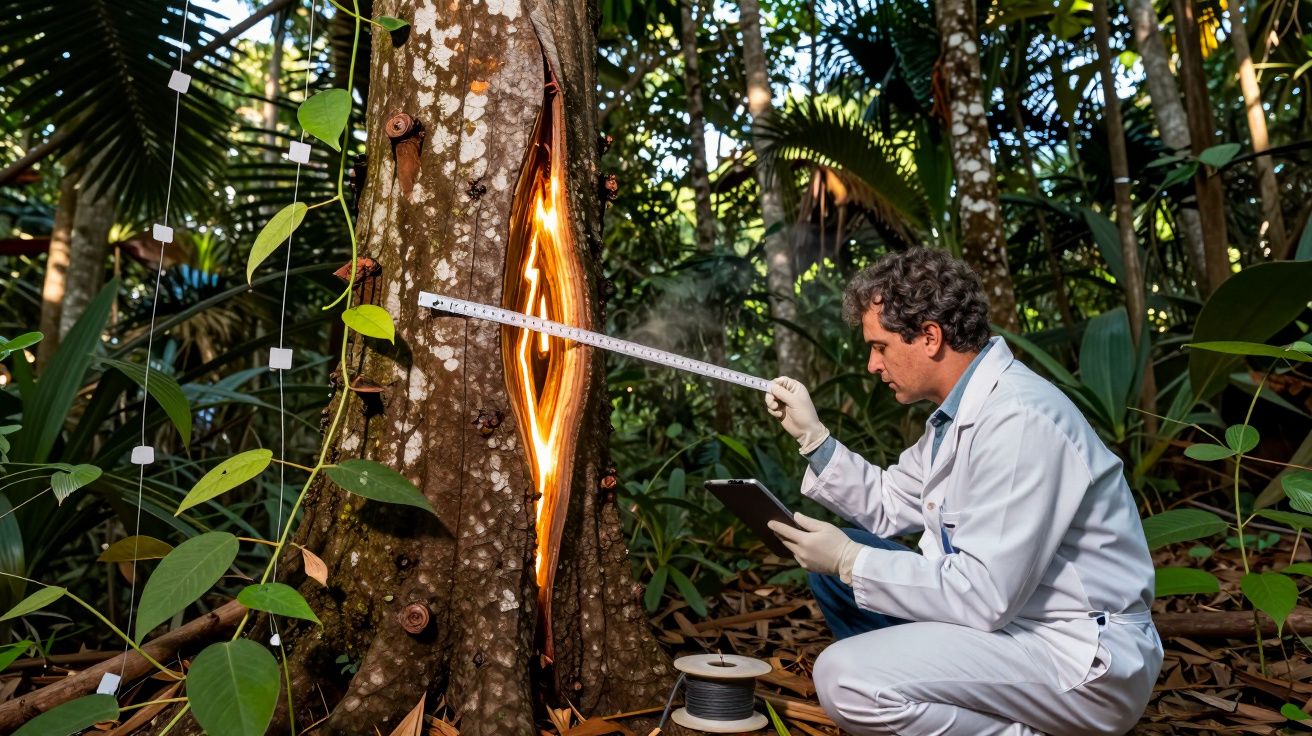 Cientista examina rachadura luminosa numa árvore na floresta, medindo com régua e usando tablet.