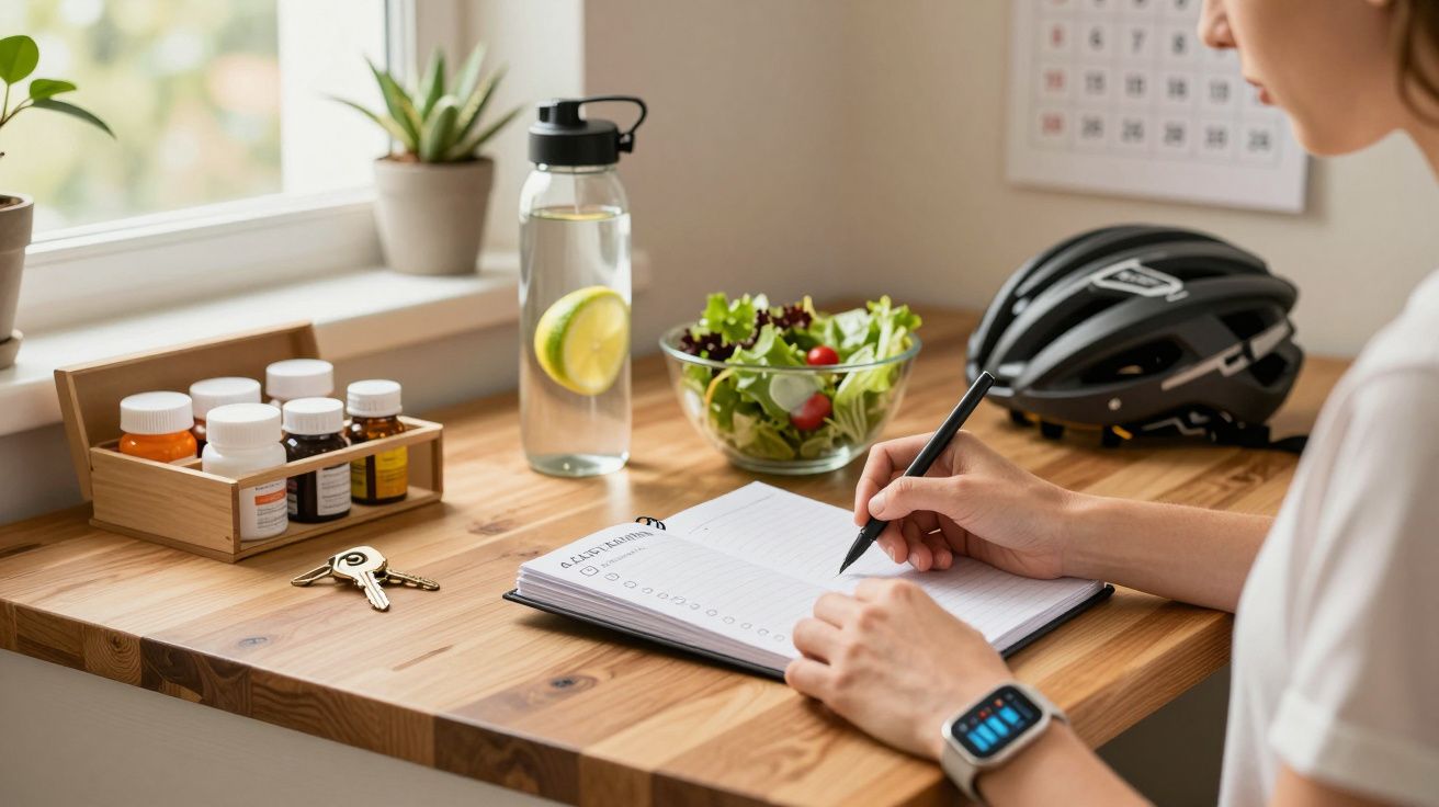 Mulher escreve num caderno em secretária com salada, garrafa de água, capacete, chaves e frascos de vitaminas.