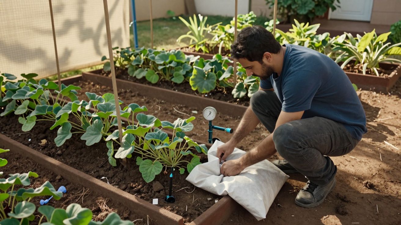 Homem cuidando de plantas num jardim, segurando um saco em frente a parreiras verdes num canteiro.