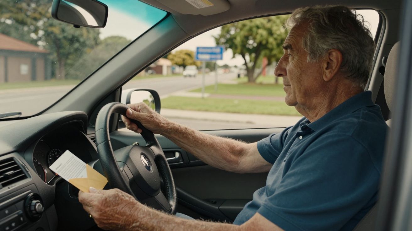 Homem idoso a conduzir carro, segurando papéis na mão, numa estrada com árvores e edifícios ao fundo.