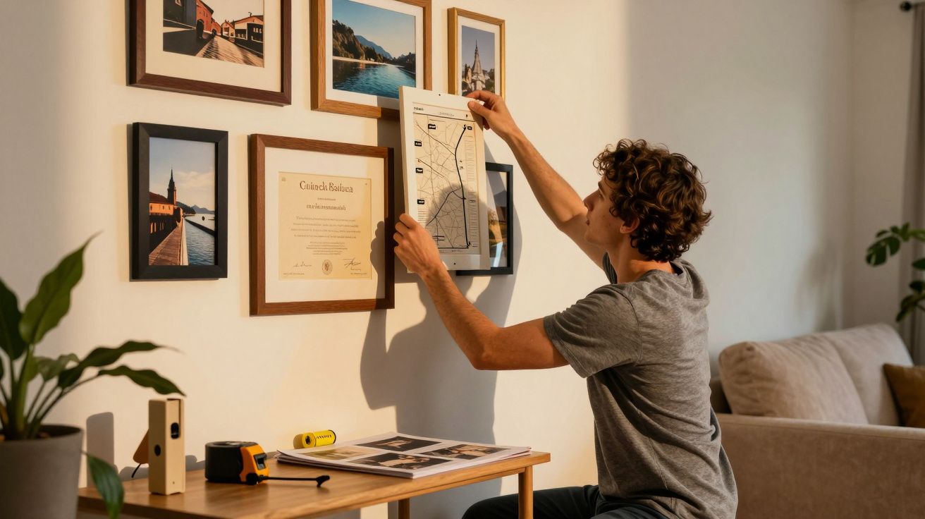 Homem pendura quadro na parede decorada, ao lado de mesa com ferramentas e plantas.