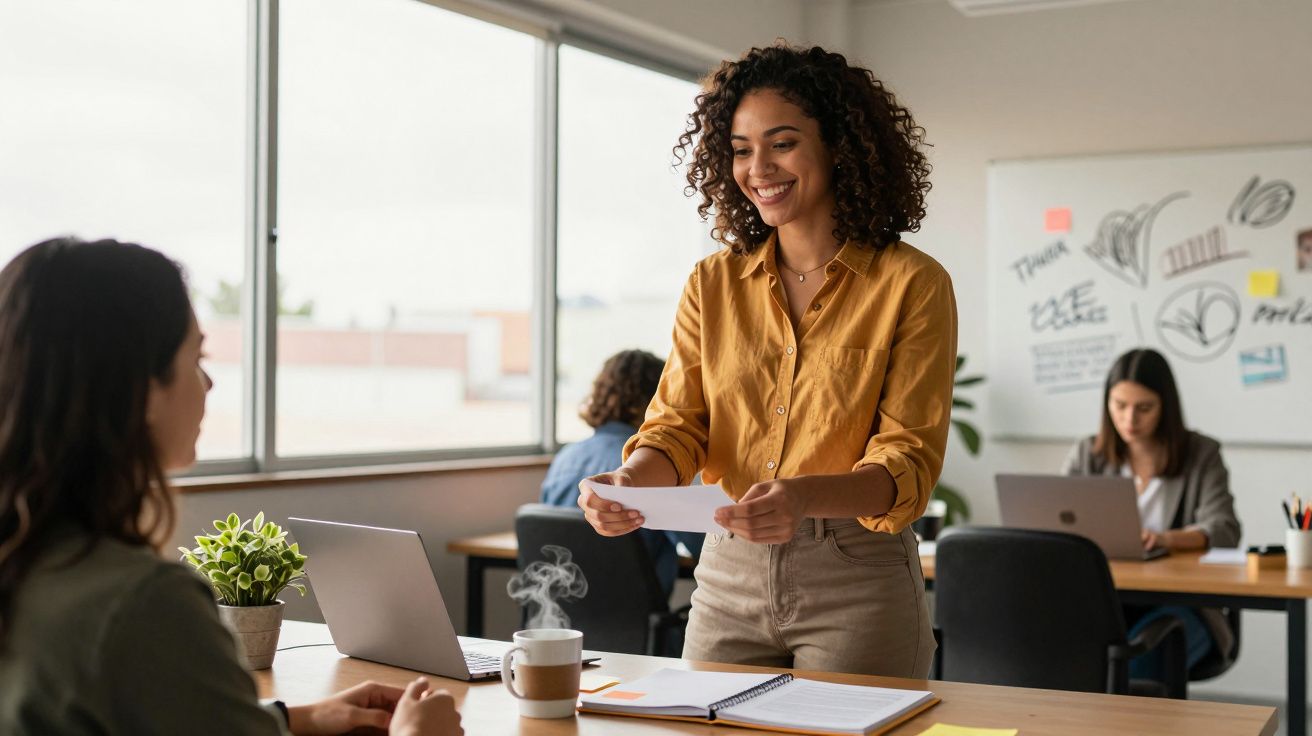 Mulher sorridente entrega papel a colega em sala de reunião iluminada, com quadros na parede e outras pessoas ao fundo.