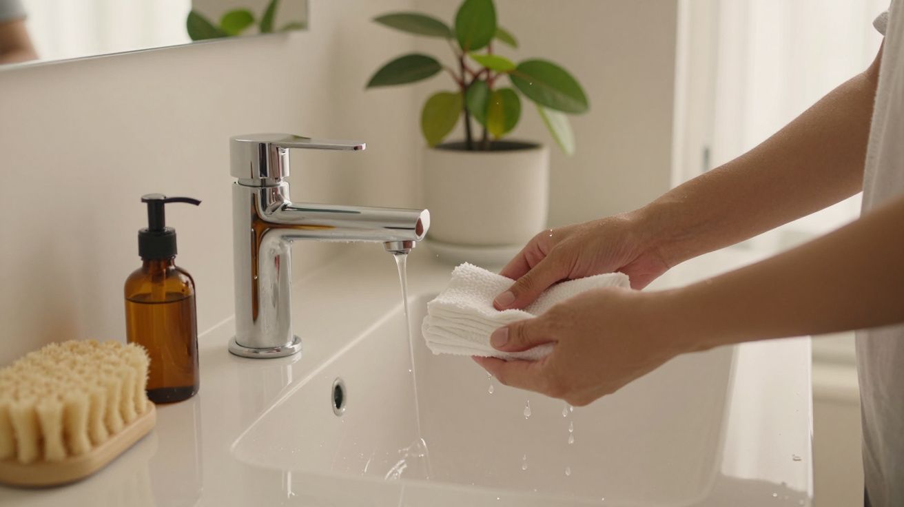 Mãos a lavar uma toalha branca sob uma torneira, ao lado de sabonete líquido e planta em vaso.