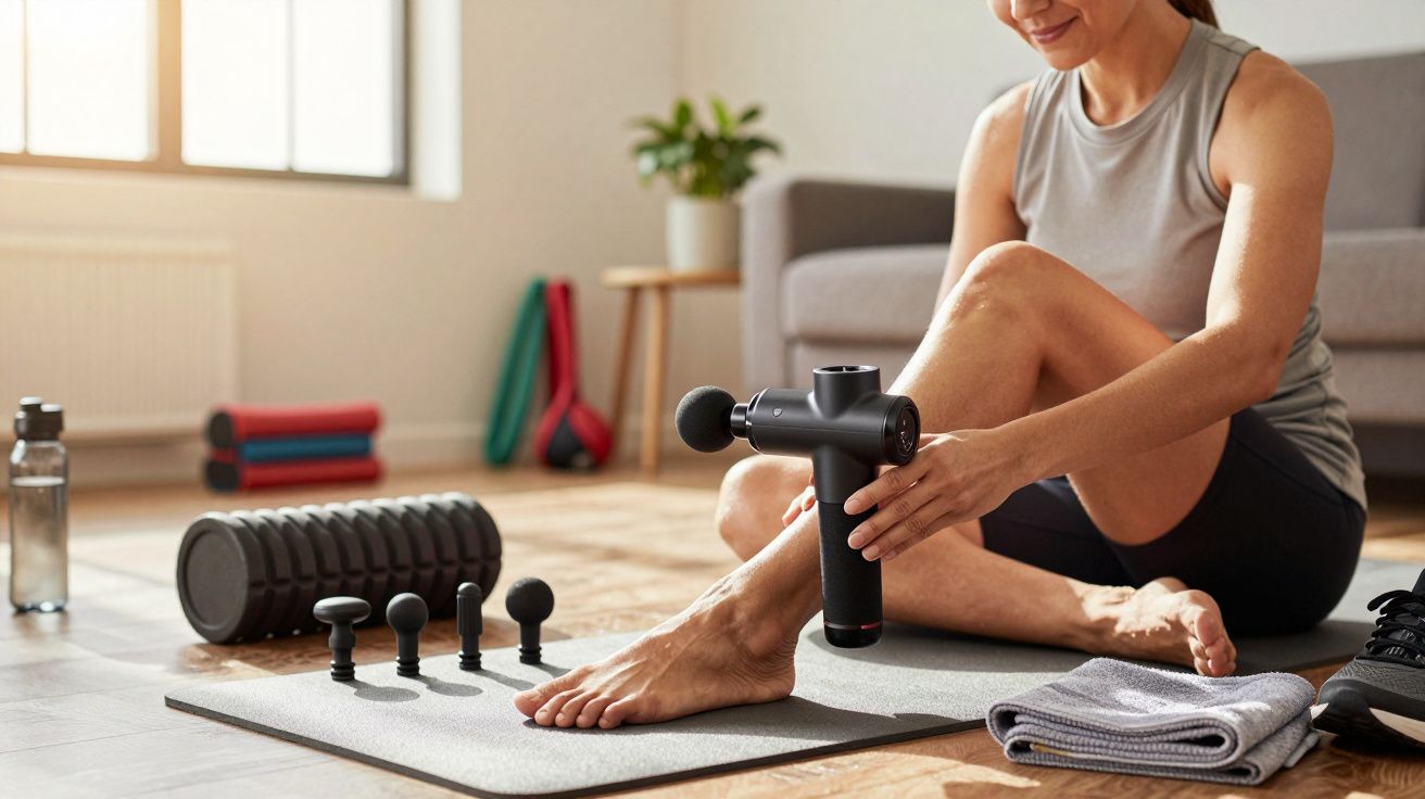 Mulher usando pistola de massagem na perna em sala de estar, com rolo de espuma e acessórios ao lado.