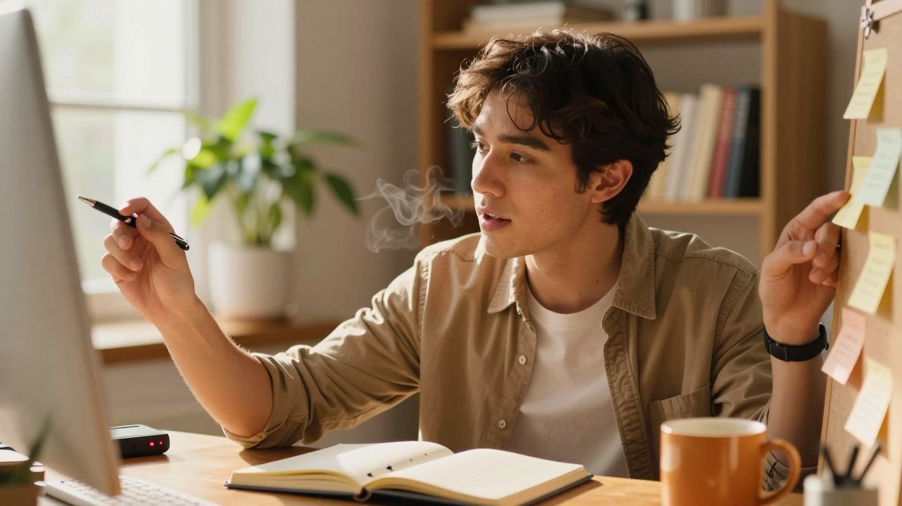 Homem a trabalhar no computador, rodeado de notas adesivas, com um caderno e caneca sobre a mesa.