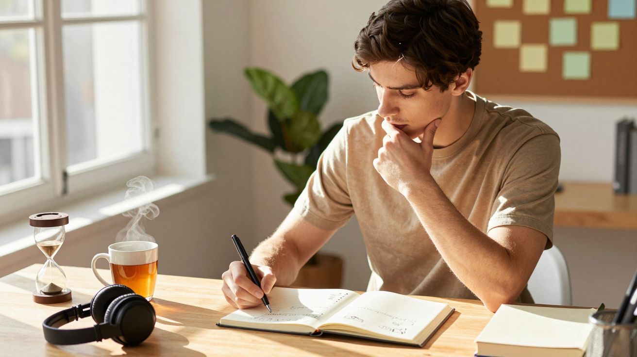 Homem jovem estuda à mesa com livro, chá, ampulheta e auscultadores. Ambiente iluminado por janela ao fundo.