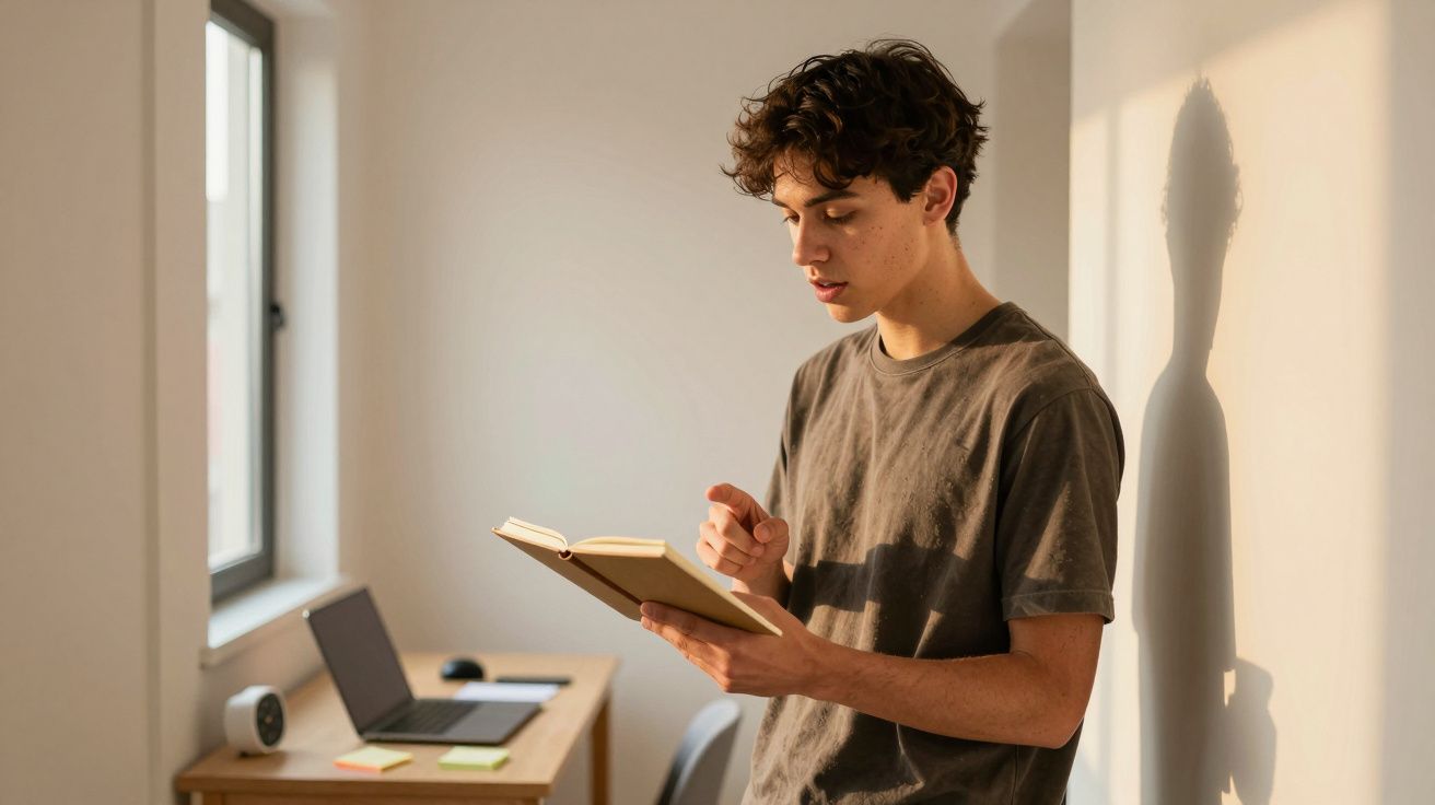 Jovem lê um livro em pé junto a uma janela, com uma mesa e computador ao fundo.