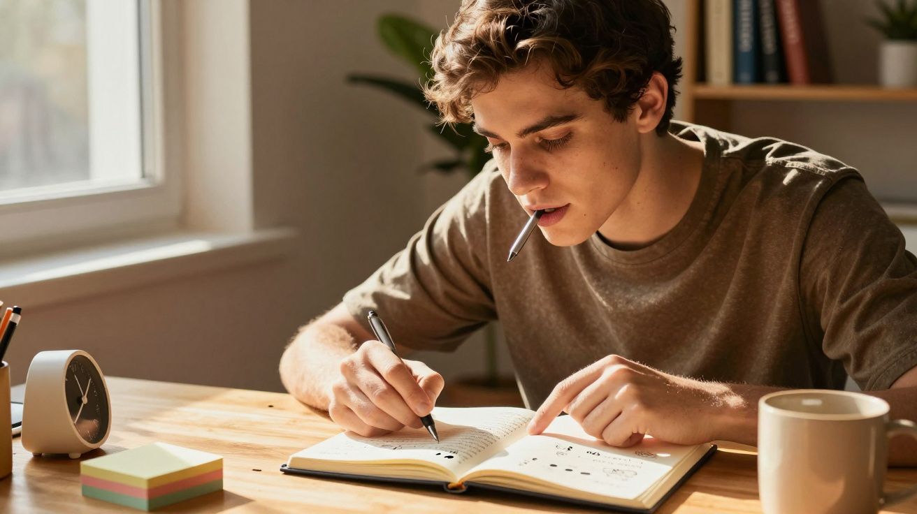 Jovem estudando à mesa com caderno, caneta e chá, junto a uma janela iluminada.