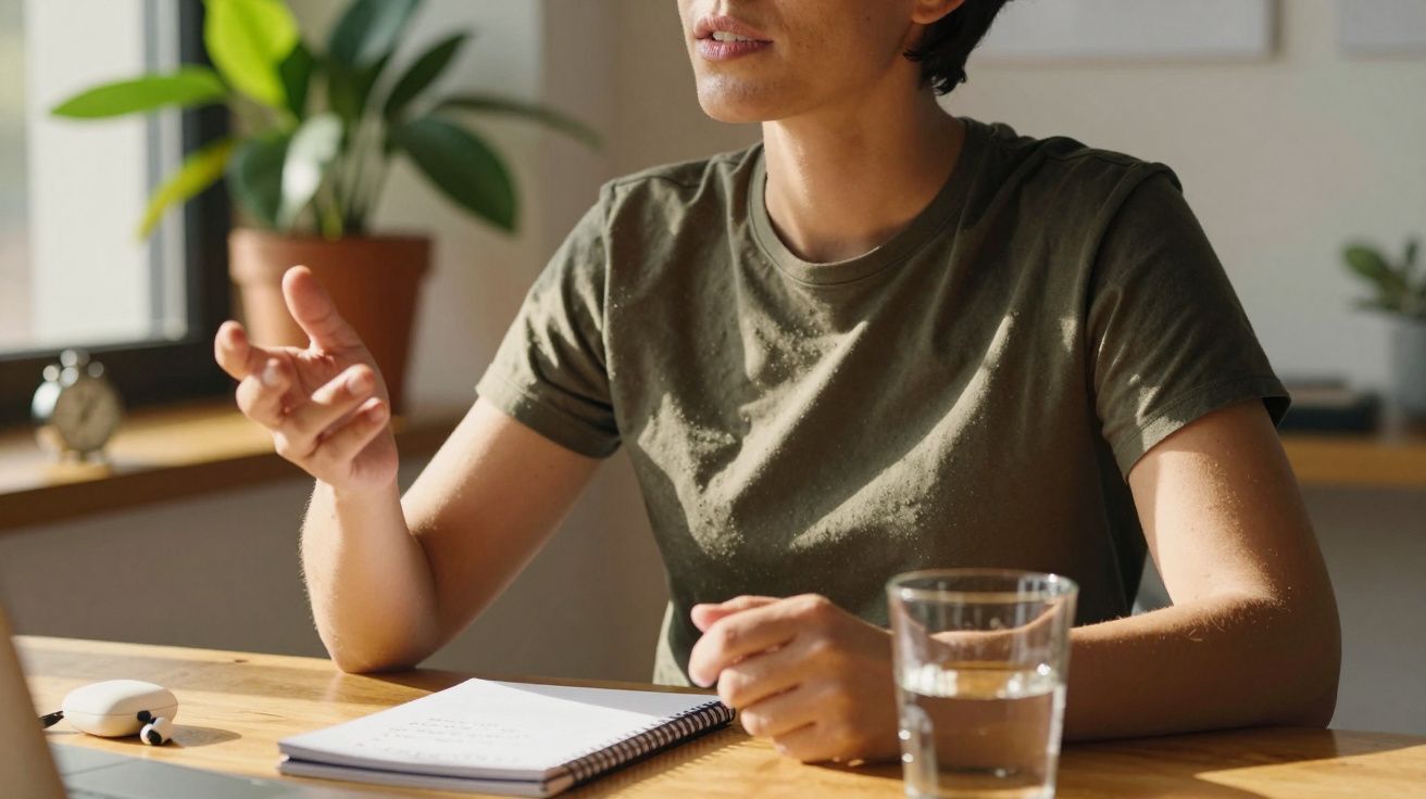 Pessoa a gesticular sentada numa mesa com caderno e copo de água, planta ao fundo, luz solar suave.