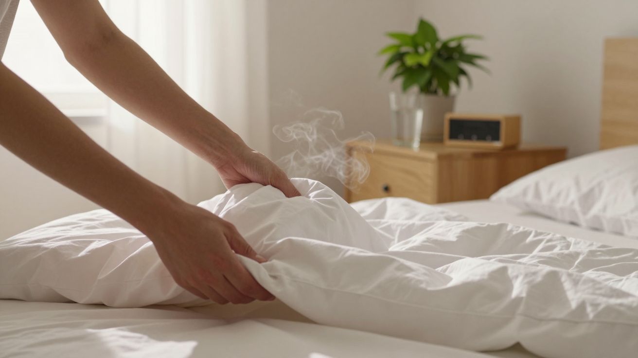 Pessoa ajeitando edredão branco numa cama, com vapor visível. Ao fundo, planta e relógio numa mesa de cabeceira.