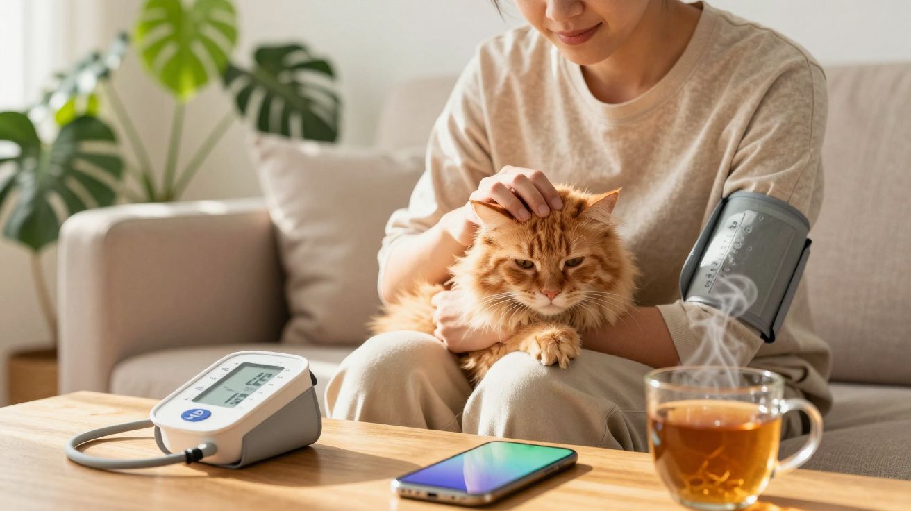Mulher acaricia gato no colo, medindo a pressão com aparelho médico. Chá e telemóvel sobre a mesa.