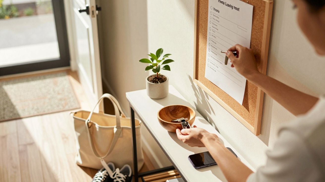 Pessoa escreve lista de tarefas num quadro na entrada, com planta, chaves num prato e bolsa numa mesa ao lado.