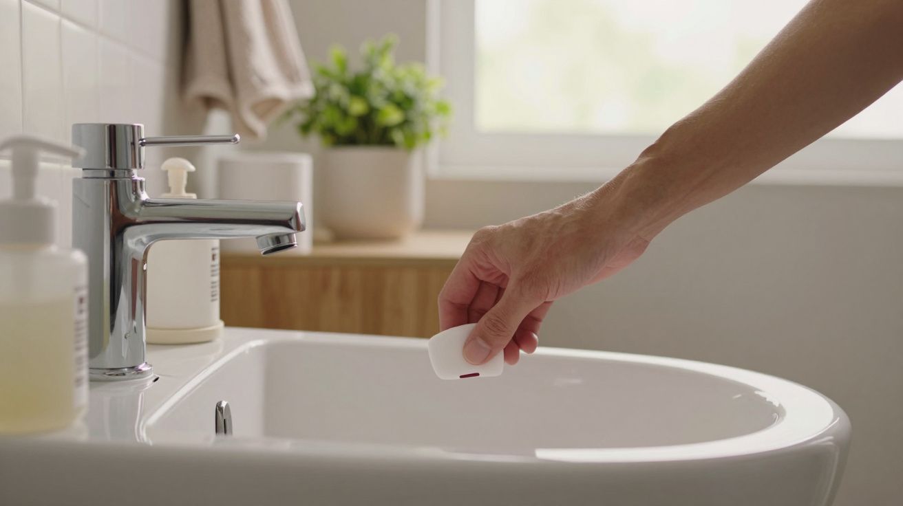 Mão segurando um dispositivo perto de um lavatório de casa de banho moderna, com planta e toalhas ao fundo.