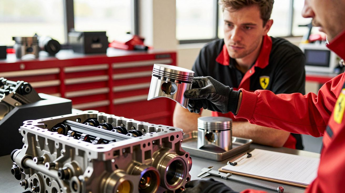 Dois engenheiros analisam um pistão de motor em oficina, com ferramentas e peças automotivas ao fundo.