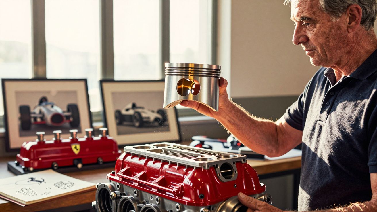 Homem a segurar pistão metálico em oficina, com motor de carro vermelho e fotos de carros clássicos ao fundo.