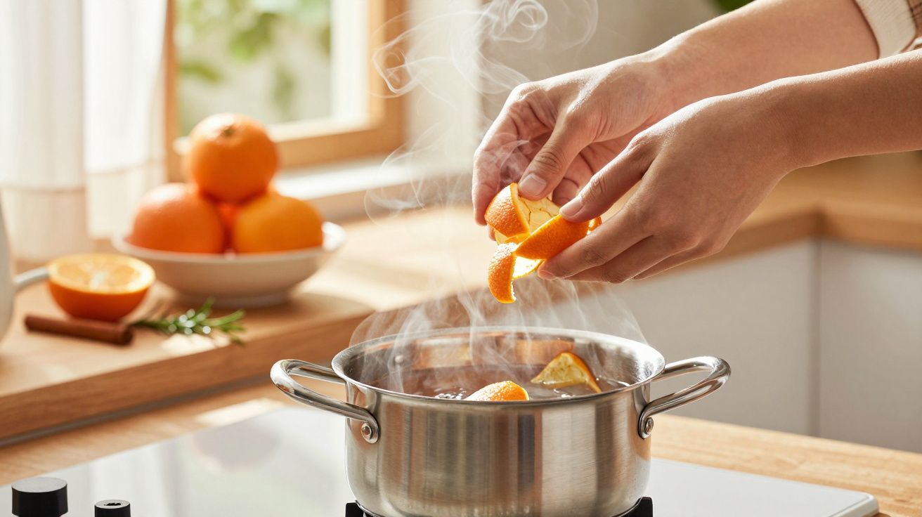 Mãos adicionam cascas de laranja a uma panela de aço inoxidável com vapor, numa cozinha iluminada, laranjas ao fundo.