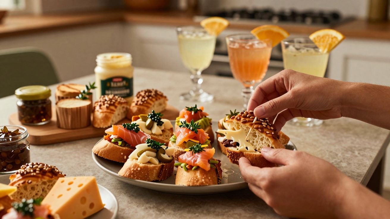 Mãos servindo canapés com salmão e queijo, acompanhados por bebidas numa cozinha moderna.