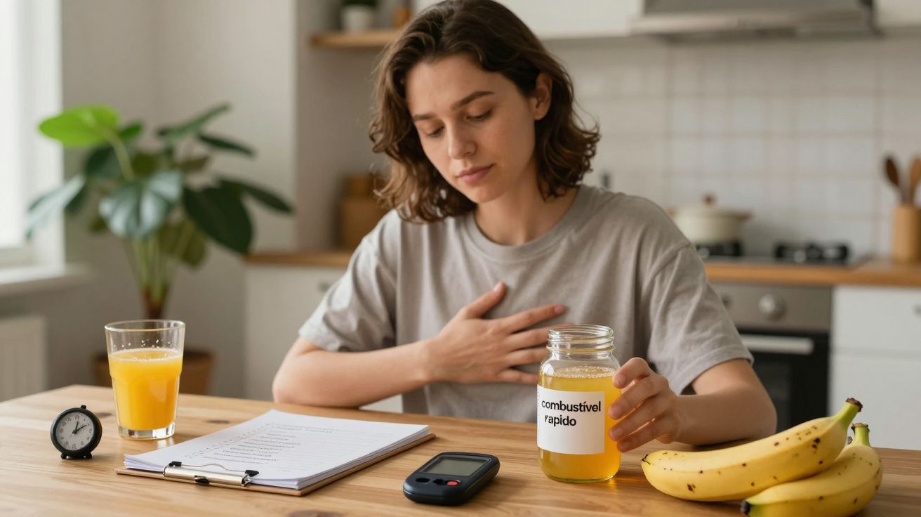 Mulher segura frasco em cozinha, rodeada por bananas, copo de sumo e caderno. Ela parece preocupada com a saúde.