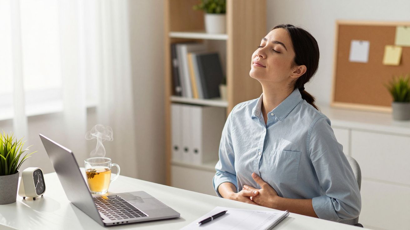 Mulher sentada à secretária, relaxada, com olhos fechados e mãos na barriga, perto de um portátil e chávena de chá.