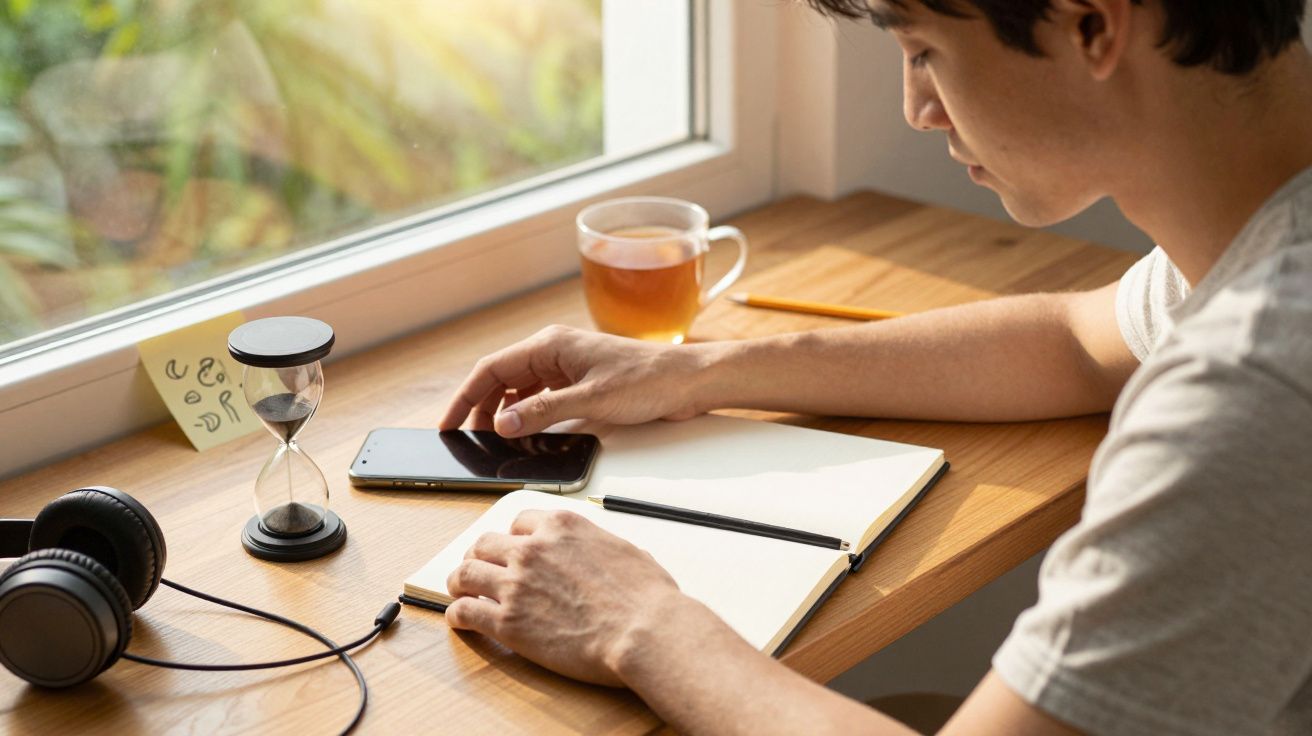 Jovem estudando à mesa com caderno, telefone, ampulheta, chá e auscultadores ao lado de uma janela ensolarada.