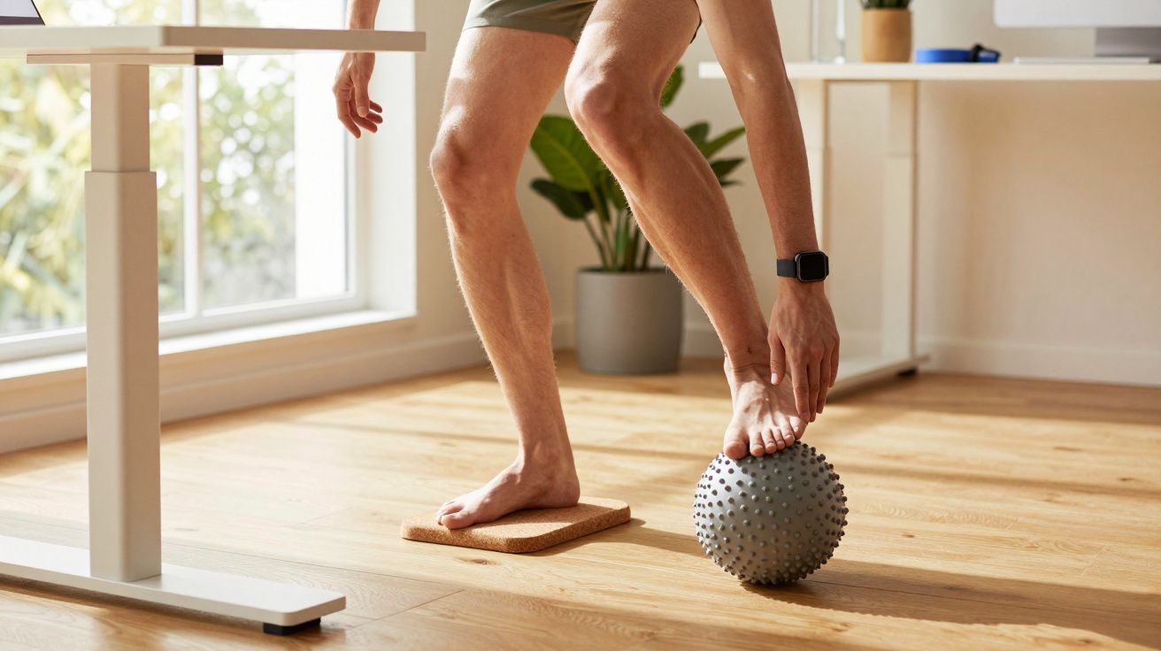 Pessoa exercitando os pés com uma bola de massagem numa sala iluminada, junto a uma secretária ajustável.