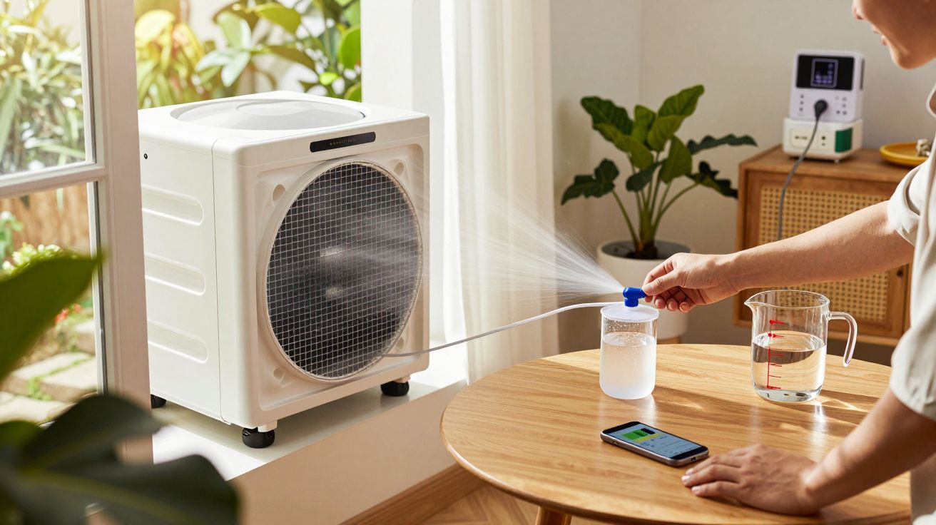 Pessoa enche reservatório de humidificador numa sala com luz natural e plantas, ao lado de um smartphone numa mesa.
