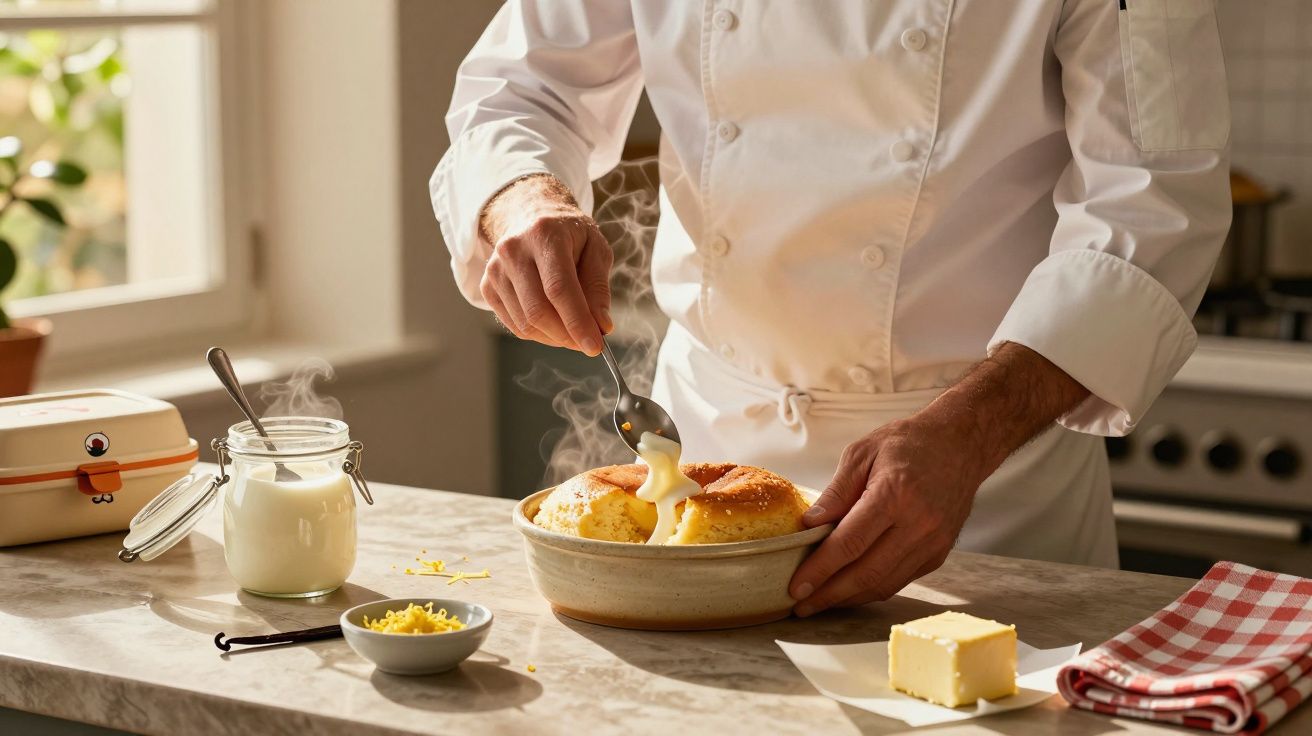 Chef a servir pão quente com queijo derretido, ao lado de manteiga e um frasco de leite sobre a bancada da cozinha.