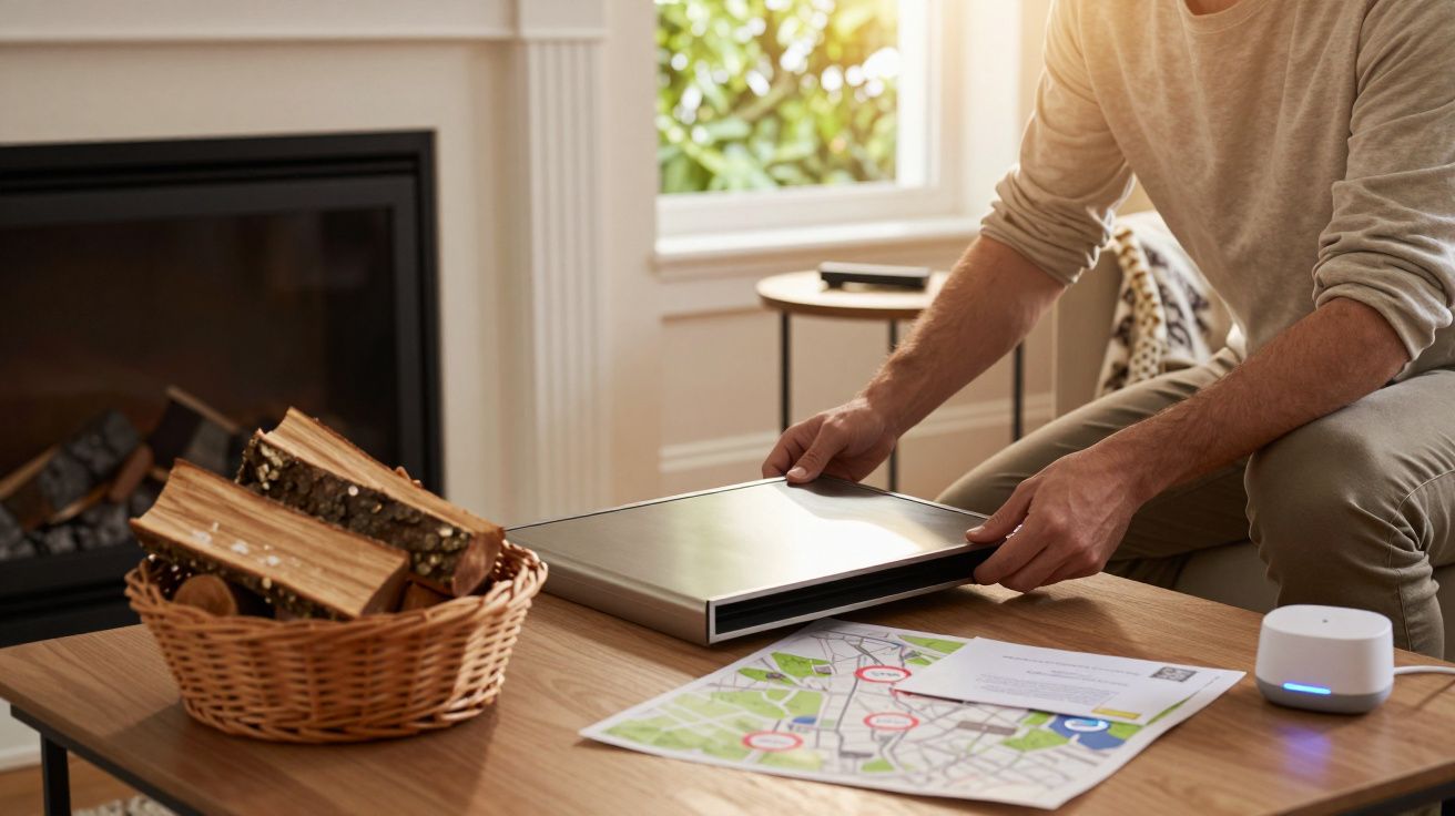 Homem a fechar um portátil numa mesa com cesto de lenha, mapa e dispositivo tecnológico ao lado de uma lareira.